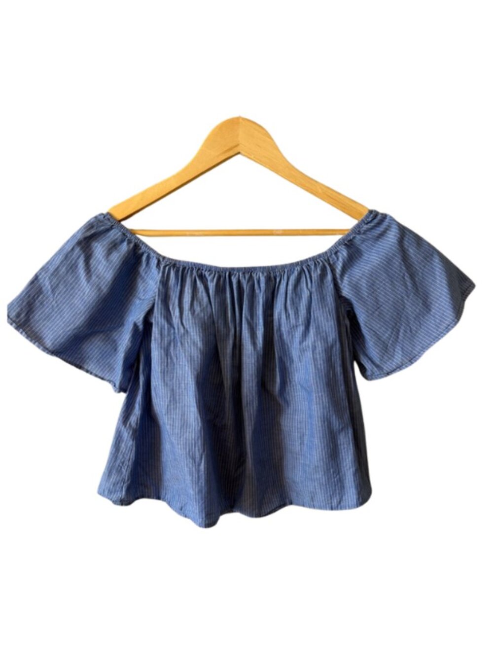 Express Off Shoulder Top Blue Stripe Crop Blouse Womens Small Summer - Picture 2 of 10